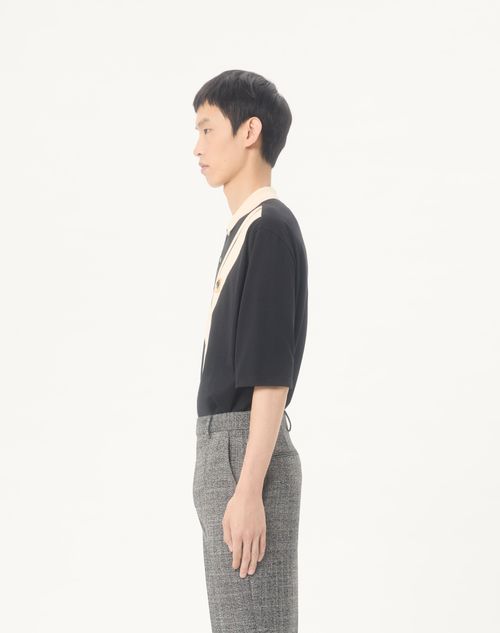 Valentino - Valentino Cotton Polo With Inlaid V And Embroidered Panther Patch - Black/butter - Man - T-shirts And Sweatshirts